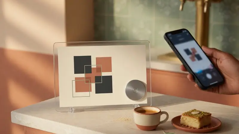Acrylic QR and NFC stand on an Indian café counter, with a phone scanning it