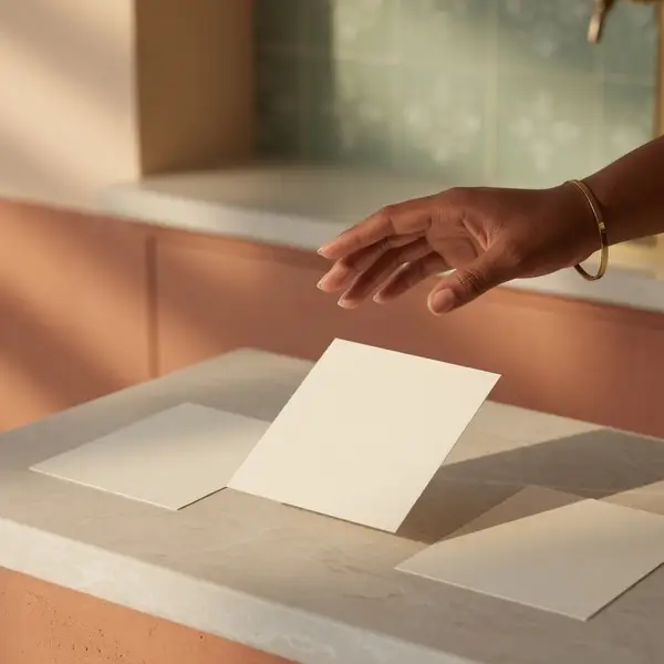 Three blank cards on a table, one slightly raised
