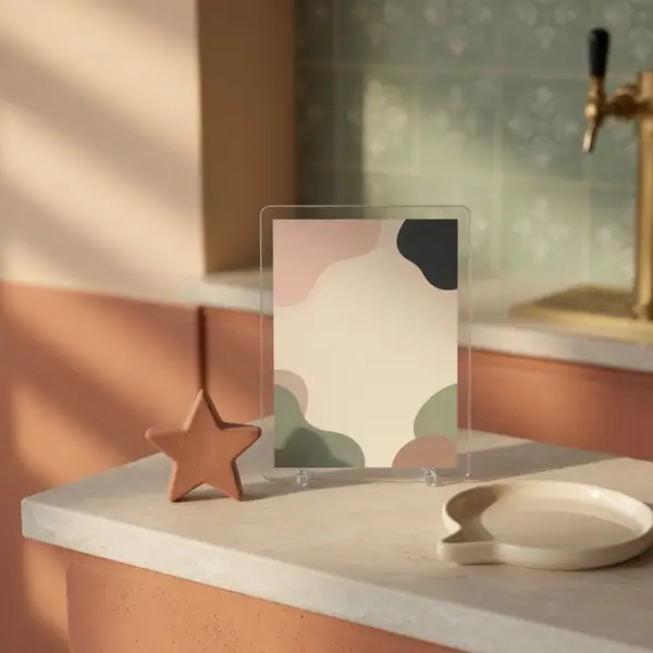 A star, a menu card, and a small dish on a counter