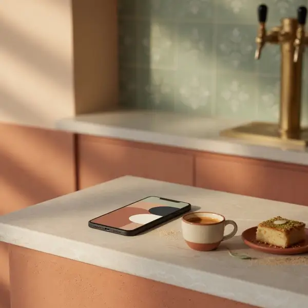 A phone on a café counter during setup