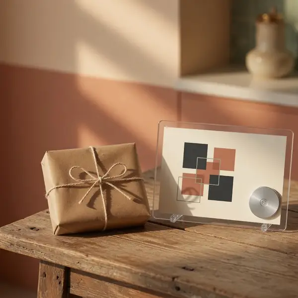 A kraft parcel beside an acrylic QR stand