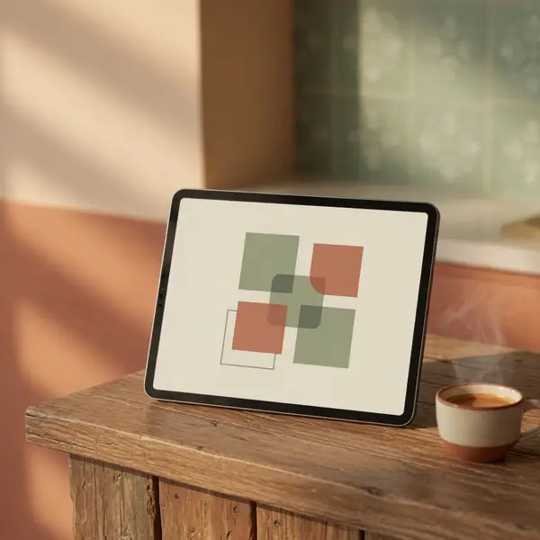 A tablet showing an abstract dashboard