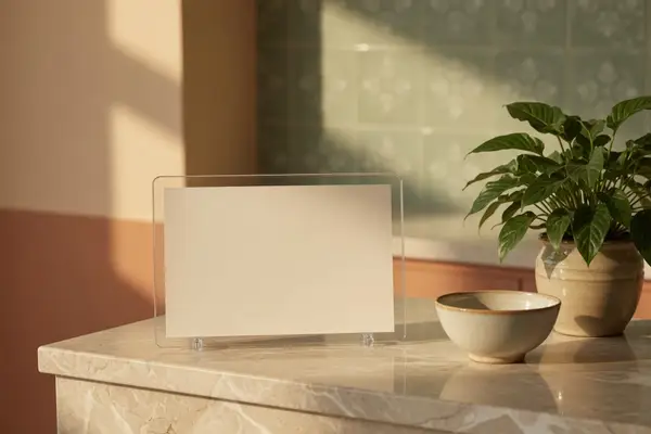 Clinic reception desk with a plant and a stand