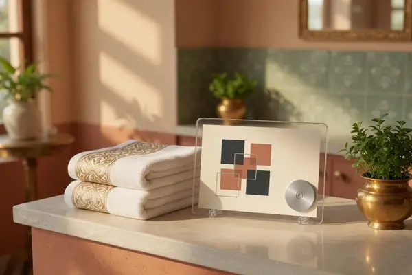 Salon counter with towels and a stand