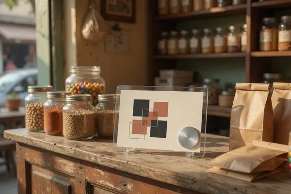 Kirana counter with jars and a stand